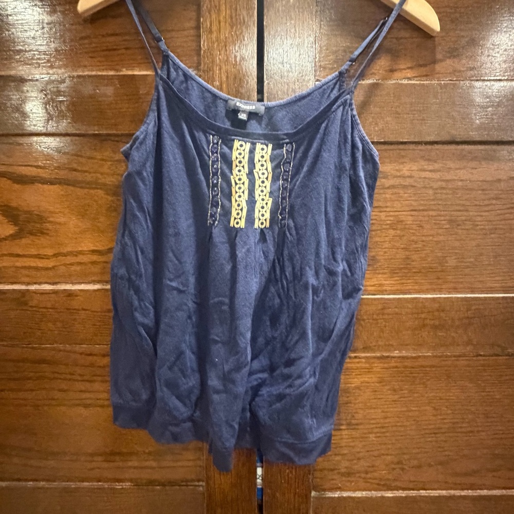 ✅ Express XS Navy Camisole tank top Gold beaded lace accents lightweight Y2K